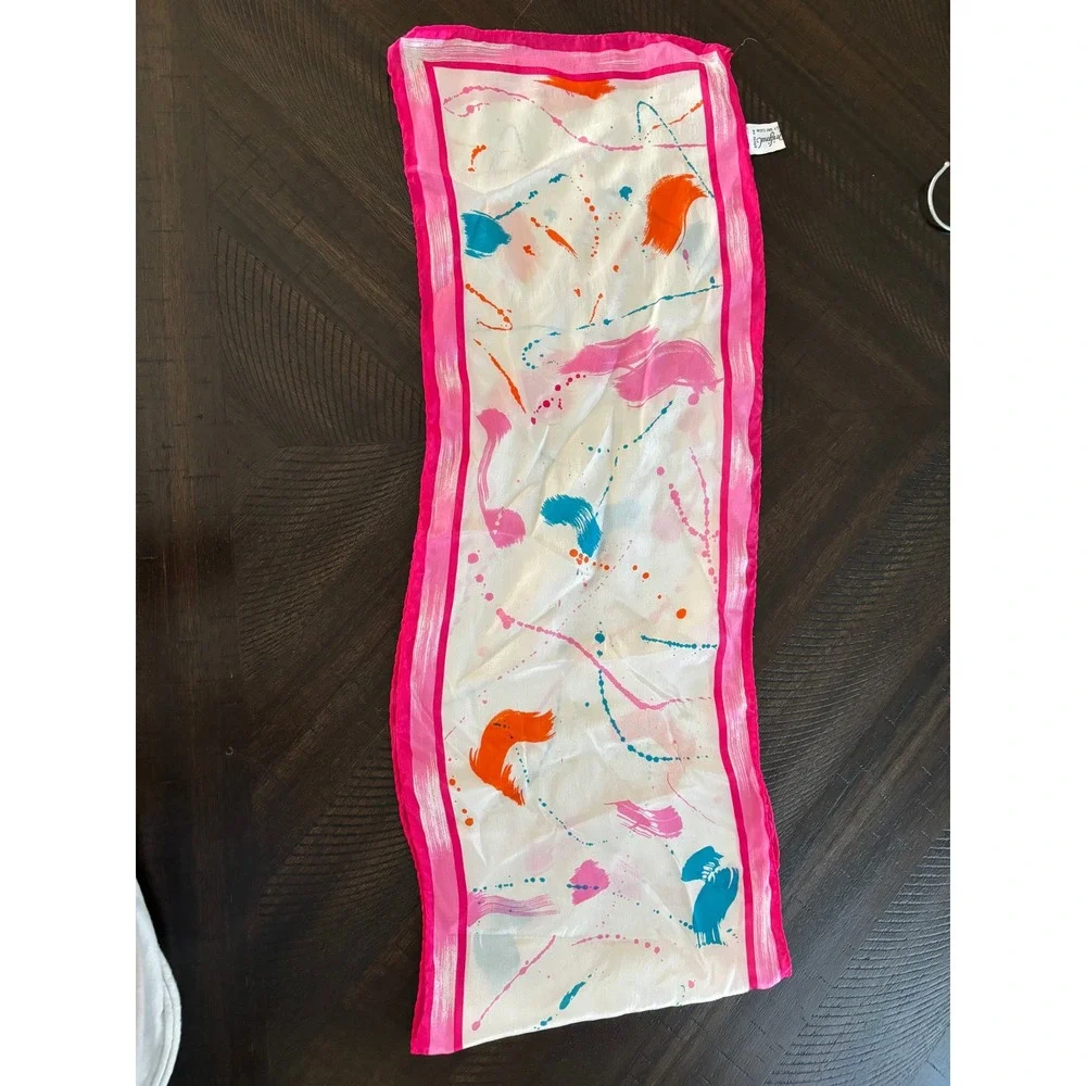 Vintage Elorian 100% Silk Neck Scarf White Pink Abstract Paint Japan Art to Wear
